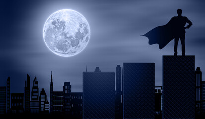 Superhero Man Stands Looking To The city buildings At Night with Moon light. Businessman Silhouette Hero on  Graph Stairs in Front of Great Cityscape. Vision and plan, Growth and Success Concept  - obrazy, fototapety, plakaty