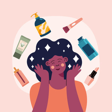 afro woman with skincare products
