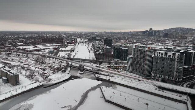 Montreal Canal Lachine and Bassin Peel in the famous Griffintown neighbourhood in winter