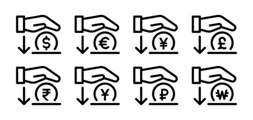 Money donation icon set isolated on white background. Dollar, euro, yen, pound, rupee, yuan, ruble, coin, won currency symbol