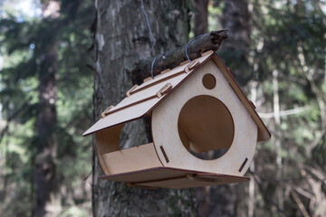 Wooden bird feeder birdhouse on a tree in the forest. Birdhouse close-up.