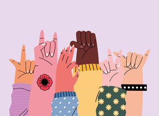 scene of six hands up