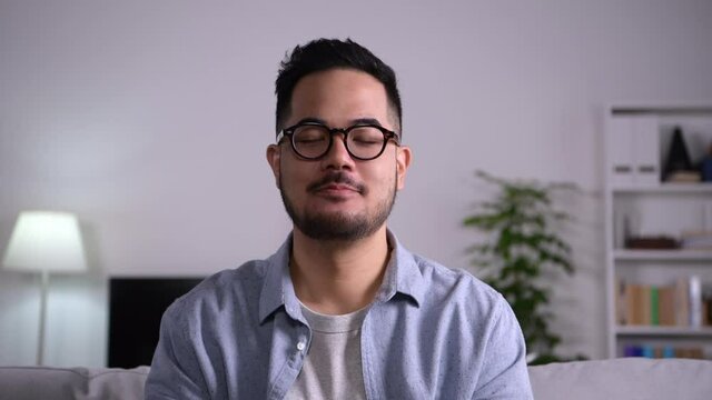 Portrait shot of happy friendly and confident Asian businessman making video call, looking at camera and talking, discussing strategy with partners online at home.