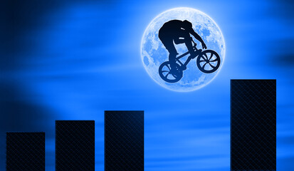 Biking in front the moon and growing at night Concept. Biker Doing a Great Jump Over the Graph Stairs To get to the higher level. Sport and Business Concepts 