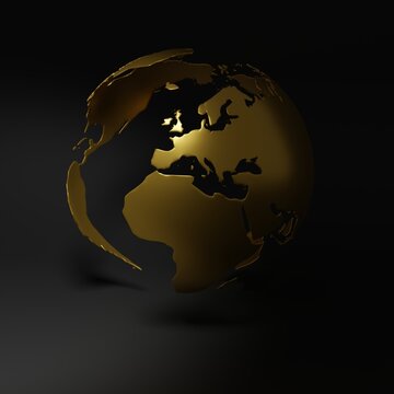 golden shiny planet earth, globe turned to the sides of Europe, investment business background