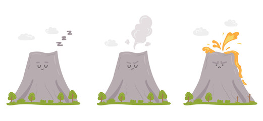 Collection of volcano in different states in cartoon style. Erupting, smoking and sleeping volcano