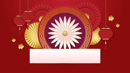 Happy Chinese new year 2022. Year of Tiger character with asian elements and flower with craft style on background. Universal Chinese background with red and gold color theme