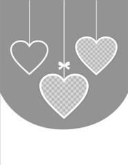 A set of hearts hanging on ropes. Photo frames Mockup. Collage on gray background. Holiday card, banner, poster. Blank template for your design. Vector illustration.