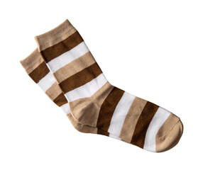 Tall white brown socks isolated on a white background. Pair of stripped multi-colored cotton socks close-up. Hosiery design element for active lifestyle, sport and casual wear concepts.