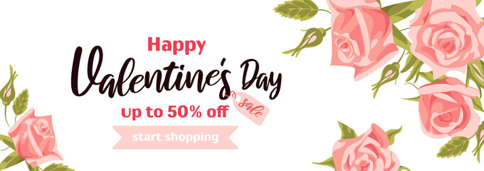 Fototapeta na wymiar Happy Valentines Day sale. Bright horizontal banner with a bouquet of rosebuds, vintage. Realistic style, peach colour roses. For advertising banner, poster, flyer.