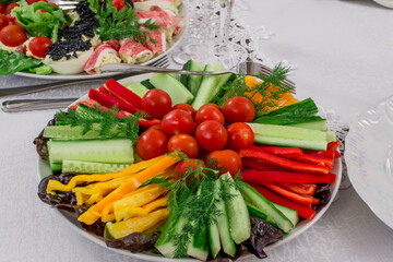 Party Brunch table setting with Food Meat Vegetables