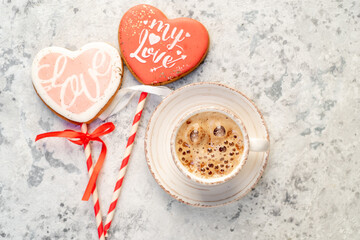 cappuccino and heart-shaped cookies for valentine's day