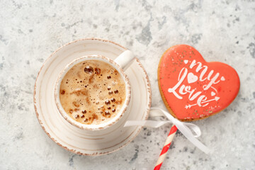 cappuccino and heart-shaped cookies for valentine's day
