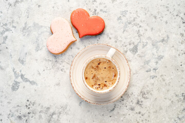 cappuccino and heart-shaped cookies for valentine's day