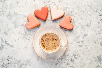cappuccino and heart-shaped cookies for valentine's day
