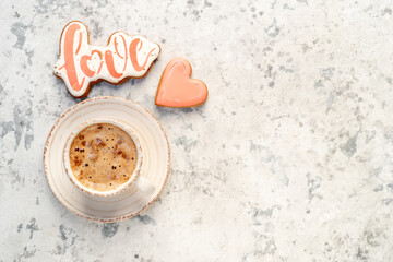 cappuccino and heart-shaped cookies for valentine's day