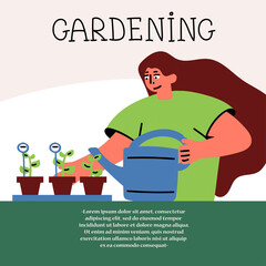 Cartoon vector illustration on the theme of garden, gardening, cultivation, agriculture. A woman waters seedlings. Colorful background for use in design