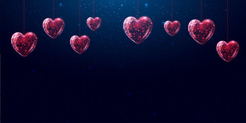 Naklejka premium Hanging red hearts. Saint Valentines day concept with glowing low poly hearts. Futuristic modern abstract. Isolated on dark blue background. Vector illustration.