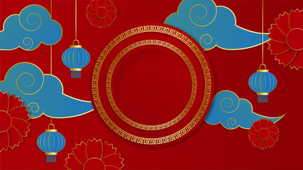 Happy Chinese new year 2022. Year of Tiger character with asian elements and flower with craft style on background. Universal Chinese background with red and gold color theme
