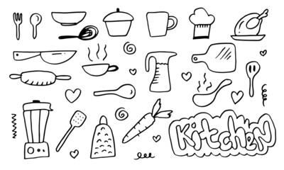 Hand drawn kitchen doodles icon set. cooking tools and kitchen icon collection. Vector illustration.