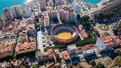Aerial photo from drone to of Malaga the port, bullfighting arena ,Malaga old town and the new residential areas of Malaga.Spain,Costa del sol, Andalusia (Series)