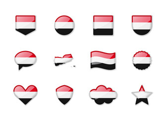 Yemen - set of shiny flags of different shapes.