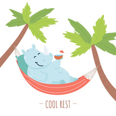 Rhinoceros resting under palm trees.