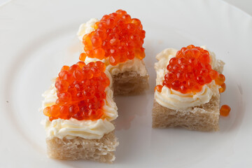 Red chum salmon caviar appetizer, traditional festive Russian food