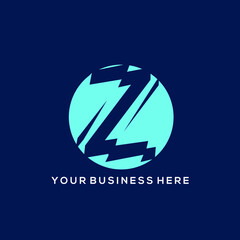 Letter Z logo.Typographic icon.Lettering sign isolated on dark background.Alphabet initial.Modern design, geometric, web, tech, corporate style. Uppercase character. Neon blue color circle emblem.