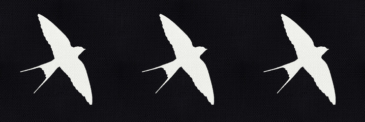 Black background like canvas fabric with silhouette of a white swallows. Folk background with birds motif. 	