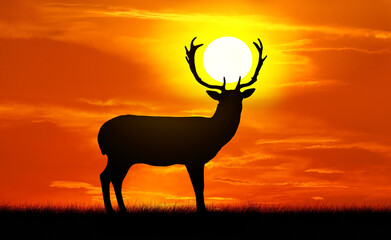 Silhouette of a deer against a sunset background, the deer holds the sun in its antlers