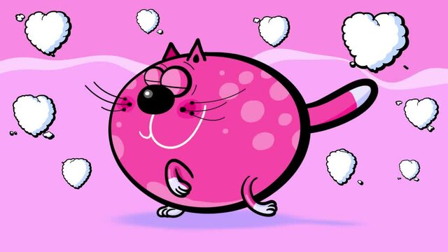 Cat walking cycle. Isolated cartoon pink animated character with white socks and hearts surrounding. Isolated. Cute children animation loop. Blinking eyes, fast moving synchronized legs, moving body.