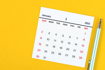 January 2022 calendar on yellow background.