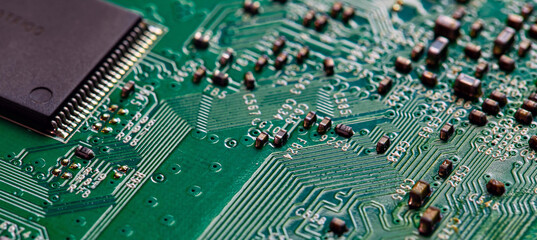 Obraz premium Macro Close up of printed wiring on PC circuit board.