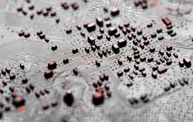 Macro Close up of printed wiring on PC circuit board.