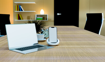 laptop and smartphone mock up on working table, 3d illustration rendering