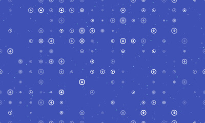 Seamless background pattern of evenly spaced white download symbols of different sizes and opacity. Vector illustration on indigo background with stars