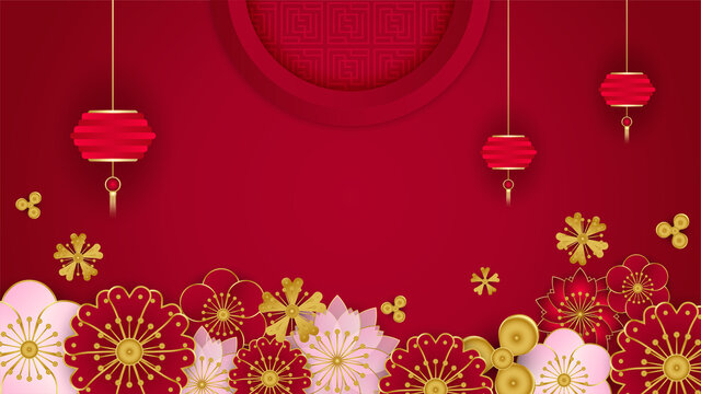 Happy Chinese new year 2022. Year of Tiger character with asian elements and flower with craft style on background. Universal Chinese background with red and gold color theme