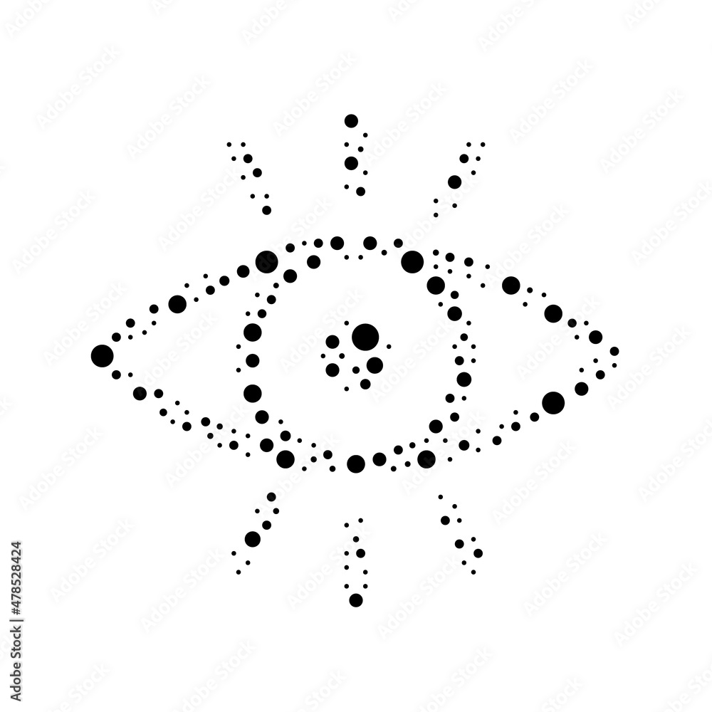 Poster a large vision symbol in the center made in pointillism style. the center symbol is filled with blac