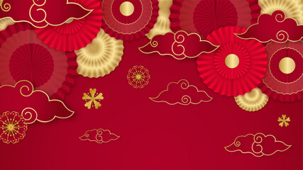 Happy Chinese new year 2022. Year of Tiger character with asian elements and flower with craft style on background. Universal Chinese background with red and gold color theme