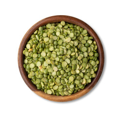 Raw dried green peas in a bowl isolated over white background