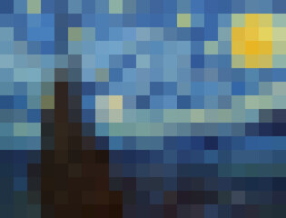 Abstract landscape drawing in Pixel art, stylization of Starlight Night of Van Gogh, fashion concept, vector illustration