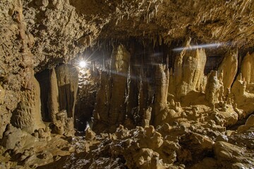 Cave stalactites, stalagmites, and other formations at King Marcos Caverns, Alta Verapaz,...