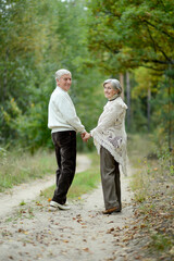 Portrait of senior couple walking in autumn forest