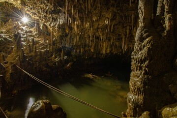 Cave stalactites, stalagmites, and other formations at King Marcos Caverns, Alta Verapaz, Guatemala, Central America.