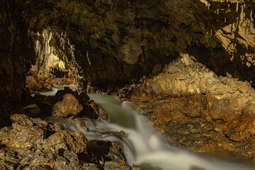 Cave stalactites, stalagmites, and other formations at King Marcos Caverns, Alta Verapaz, Guatemala, Central America.