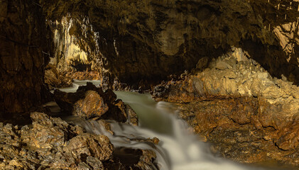 Cave stalactites, stalagmites, and other formations at King Marcos Caverns, Alta Verapaz, Guatemala, Central America.