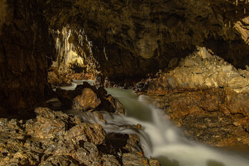 Cave stalactites, stalagmites, and other formations at King Marcos Caverns, Alta Verapaz, Guatemala, Central America.
