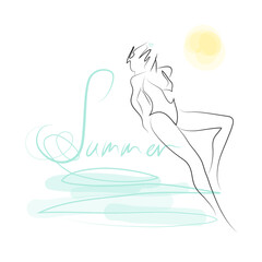  Hand drawn modern fashion illustration of abstract young woman wearing swimsuit sunbathes on the beach by the sea or by the pool, quick sketch, vector illustration. Summer girl