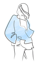 Hand drawn modern fashion illustration of young woman wearing wearing casual youth clothing and taking selfie with her smart phone, quick sketch, vector illustration. Girl's portrait.